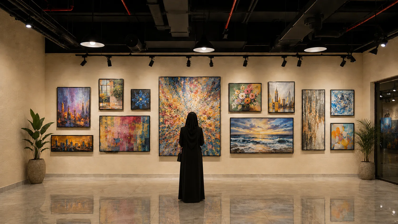 A visitor viewing a wall of contemporary paintings at ISOAG Gallery, Al Safa, Dubai